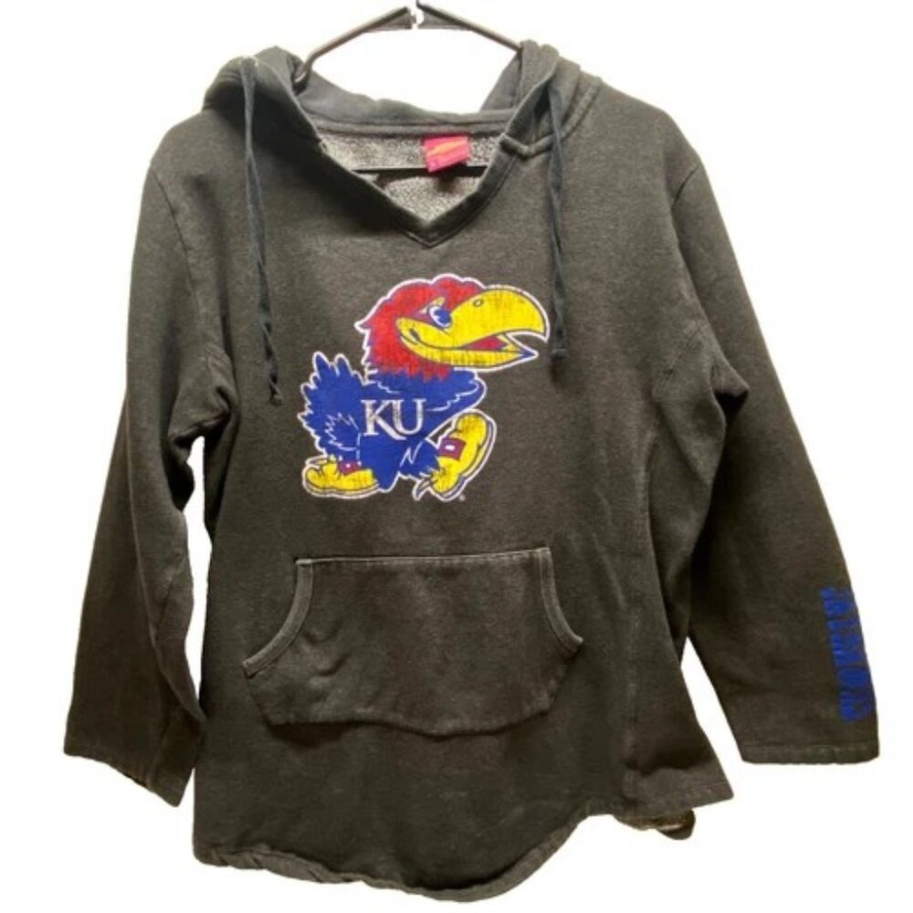 Kansas Jayhawks's Hoodie Women's Large Gray Hooded Campus Heritage V-Neck (Read)